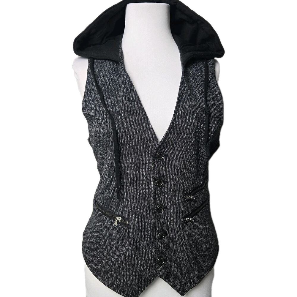 Rock & Republic M Vest Hooded Black Gray Striped Texture Multi Pockets Rocker